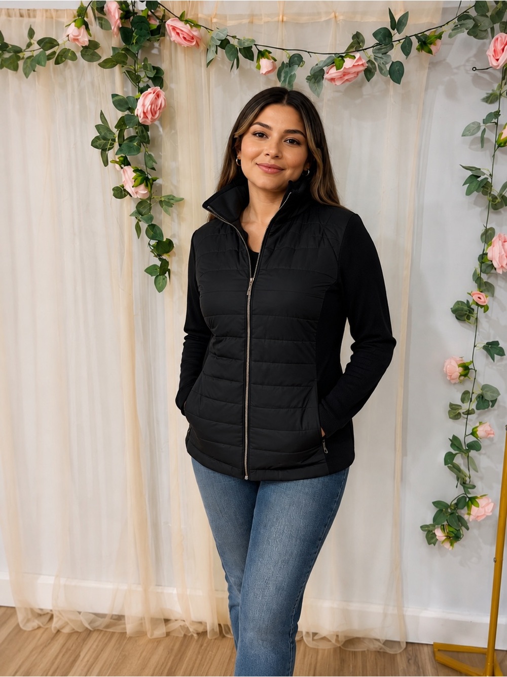 Yal New York Women’s 1X Black Puffer Jacket Knit Sleeves NWT Plus Size